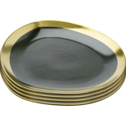 Kare Design Vaisselle De Noël Assiette En Grès Vert Foncé Et Doré D27 - Lot De 4