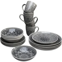 Kare Design Assiettes Plates Lot 4 Bols, 4 Tasses, 4 Assiettes D27, 4 Assiettes D21 En Grès Gris