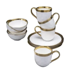 Kare Design Lot 6 Mugs, 6 Bols, 6 Assiettes Plates En Porcelaine Blanche Et Dorée